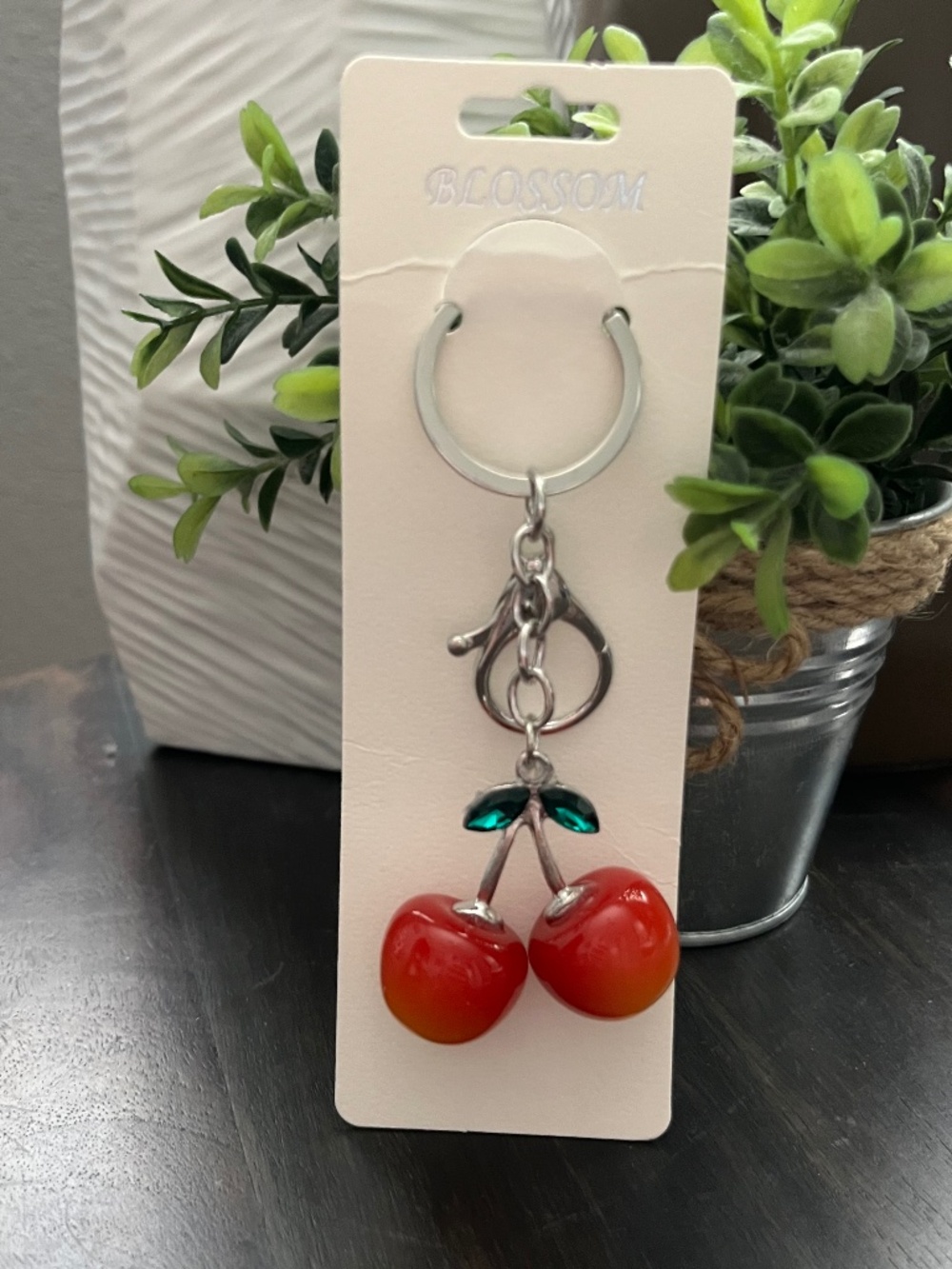 Cherry Keychain Bag Charm Gold Tone Enamel With Green Leave NEW